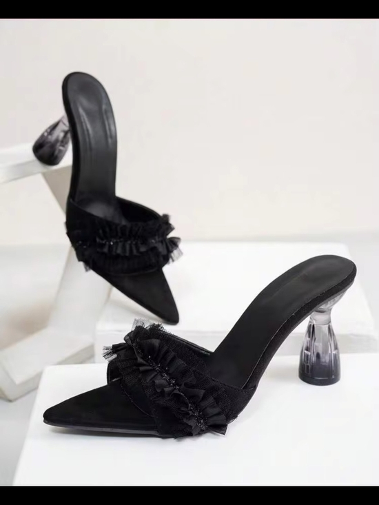 Shoes - Black Pointed Toe Ruffle Slide Heels